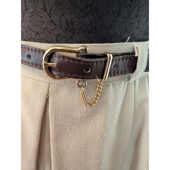 Vintage Cottage Tailor Beige Pleated Skirt With Brown Belt & Gold Chain Accent M - Picture 2 of 6
